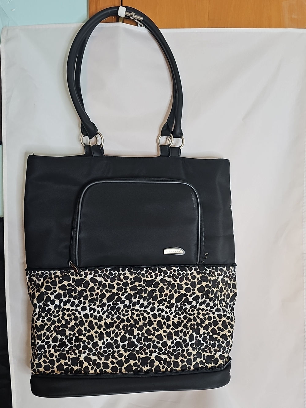 Travlon Black Tote with Leopard-Pattern ,Front Pocket